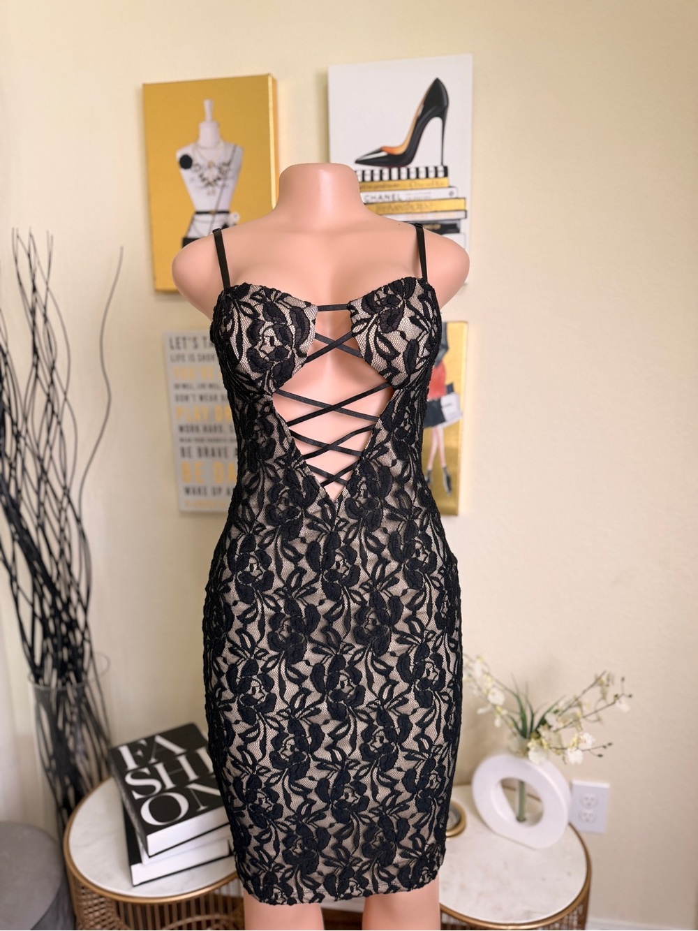 Symphony Black Lace Mini Dress with Nude Lining